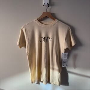 Obey 100% Organic Cotton Beige T-Shirt Regent short sleeve logo front casual XS